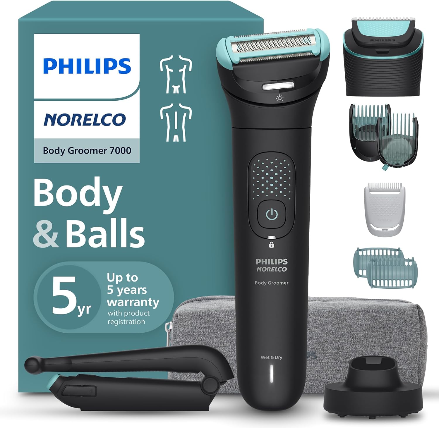 Philips Norelco Body Groomer 7000 Series, Waterproof Men's Full Body Groomer with Travel Case, Triple Protect Shave System & Body Hair Trimmer with Contour-Following 2D Flexing Head, BG7490/50
