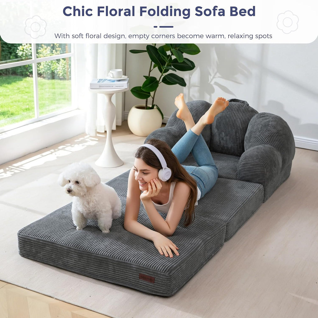 MAXYOYO Folding Sofa Bed, Floral-Shaped Convertible Floor Sofa Couch with Backrest, 2 in 1 Comfy Lounger Bean Bag Chair with Handle, Floor Single Sleeper Couch for Living Room Bedroom, Dark Grey