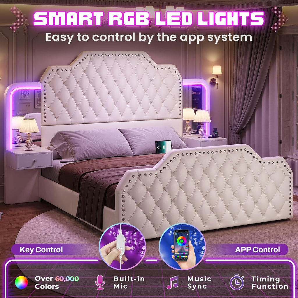 Itaar Queen Bed Frame with 53" Tall Headboard and 4 Storage Drawers, PU Leather Upholstered Platform Bed Frame, Built in Charging Station & Led, 2 Nightstands with Mirror, White