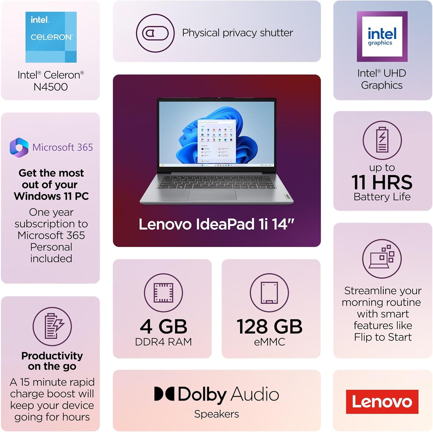 Lenovo 2026 Laptop Computer for Business and Student, Office 365, Copilot AI, Intel N4200, 4GB DDR4 RAM, 128GB eMMC, WiFi, Long Battery Life, Fast Charging, Grey
