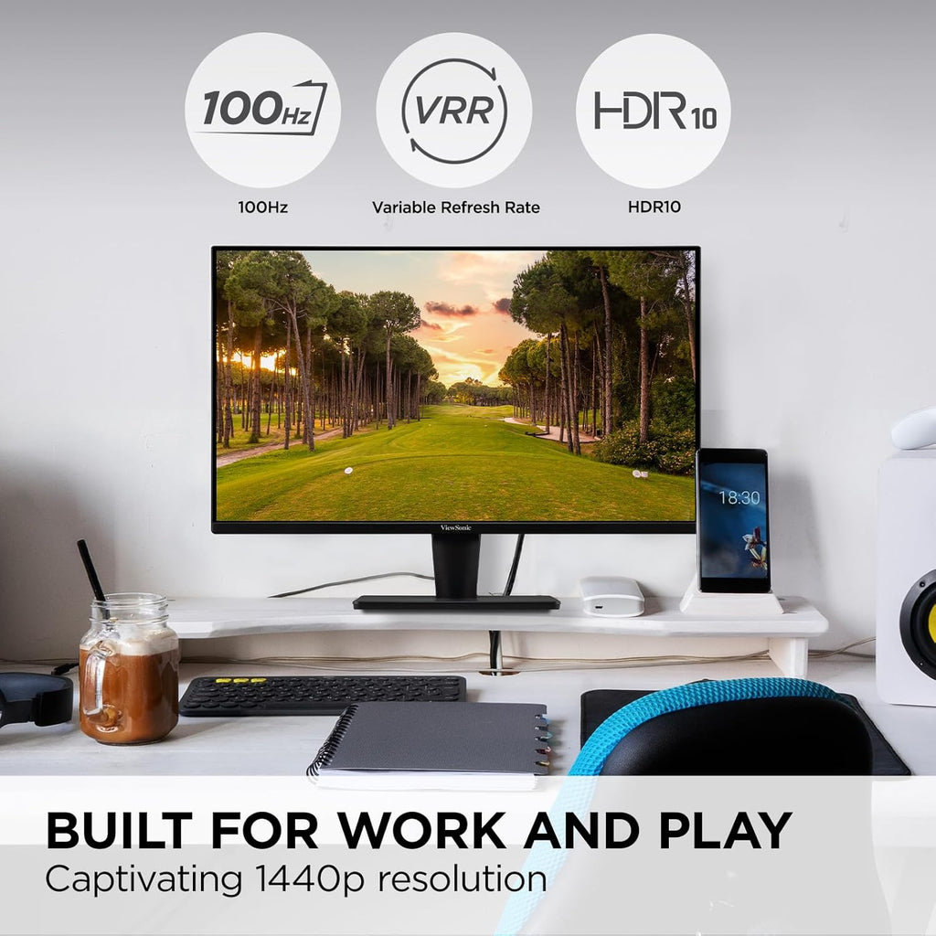 ViewSonic VS2725-2K 27 Inch 1440p Monitor, 100Hz Refresh Rate for Smooth Home and Office Viewing, Eye Care Technology, HDMI, and DisplayPort Inputs
