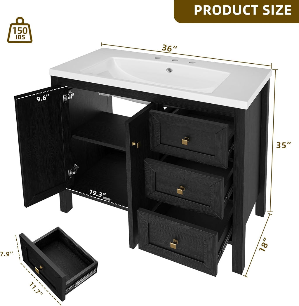YITAHOME 36" Bathroom Vanity with Sink Set, Vintage Bathroom Cabinet Vanity with Resin Basin, Extra Large Storage with 2 Soft-Closing Doors & 3 Drawers, Black