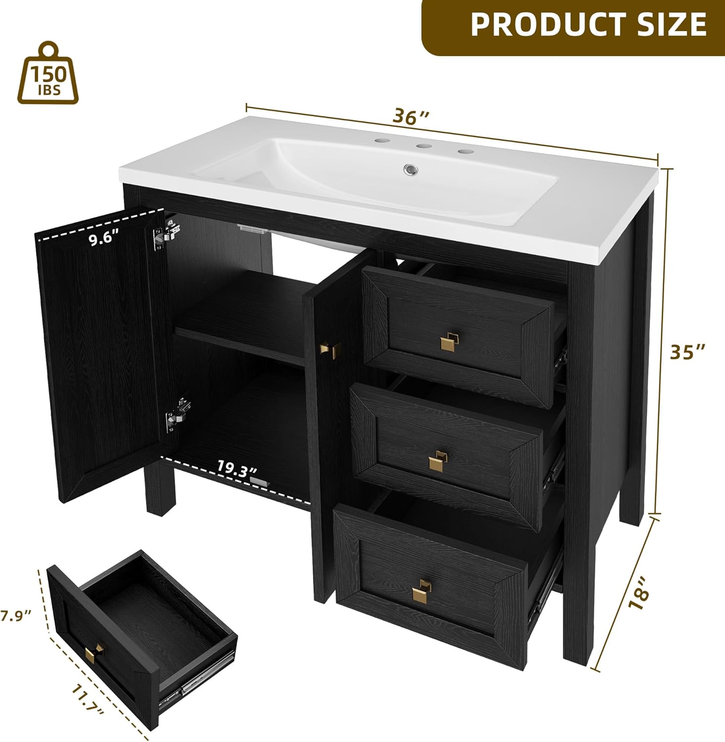 YITAHOME 36" Bathroom Vanity with Sink Set, Vintage Bathroom Cabinet Vanity with Resin Basin, Extra Large Storage with 2 Soft-Closing Doors & 3 Drawers, Black