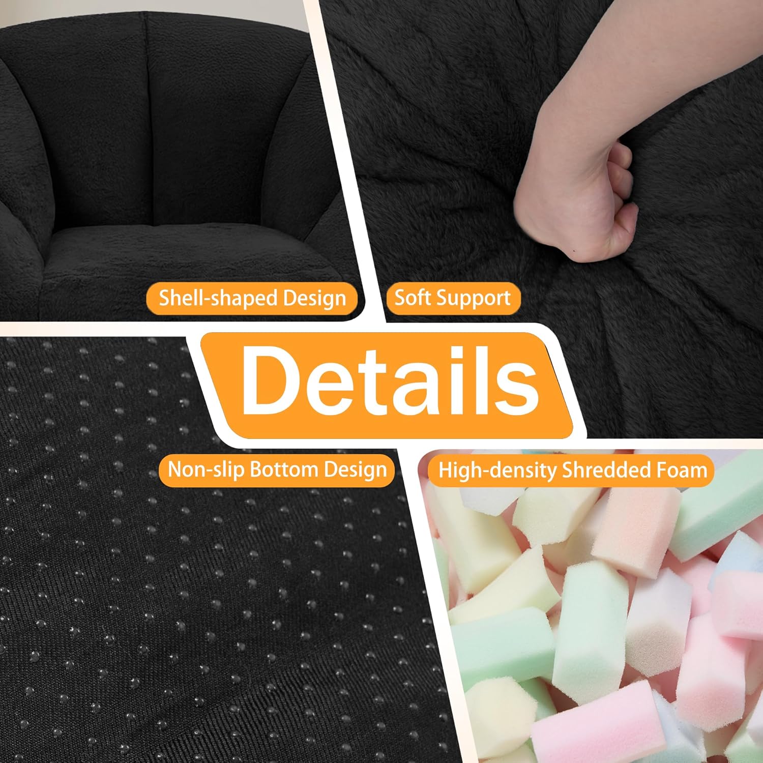 HABUTWAY Bean Bag Chair, Oversized Shell-Shaped Bean Bag Couch with Ottoman, Giant Beanbag Chair for Adults and Kids, Comfy Bean Bag Sofa & Footstool, Large Floor Sofa for Living Room Bedroom, Black