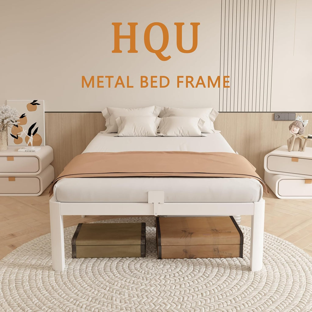 16 Inch Twin Size Bed Frames, Platform Bed with Metal Gaskets, Metal Bedframe No Box Spring Needed, DIY Headboard, Anti-Slip Mattress Stopper, Round Corner Leg, Easy Assembly, White
