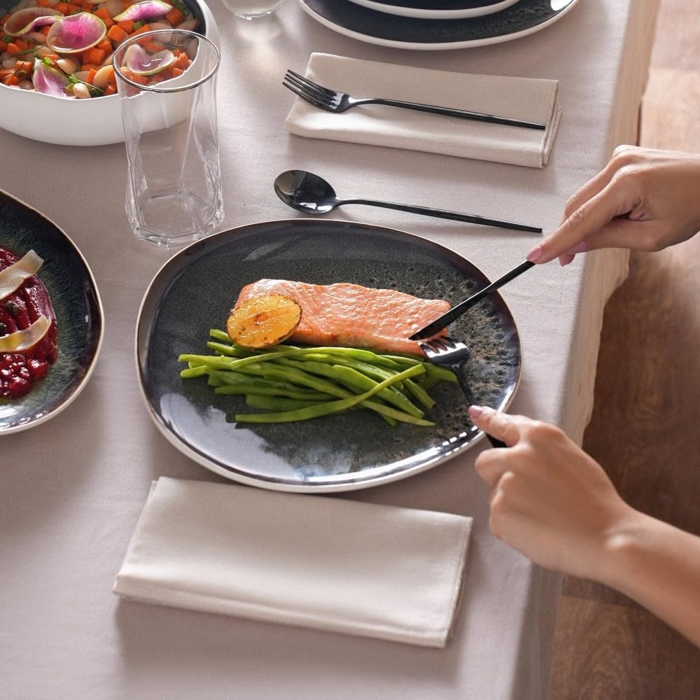 Karaca Earth Collection Galactic 55 Piece Dinner Set for 12 People – Reactive Glaze Stoneware Dinnerware Set, Modern White Tableware, Durable Plates & Bowls Set