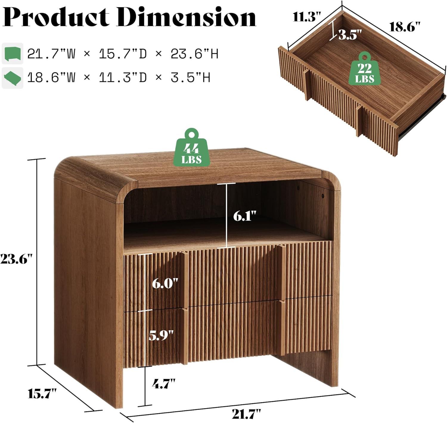 AMERLIFE 3-Piece Modern Fluted Bedroom Furniture Set, Including Wood Full Size Bed Frame with Headboard & Footboard and Storage Night Stand Set of 2, Wooden Bedframe and Nightstand Sets, Walnut