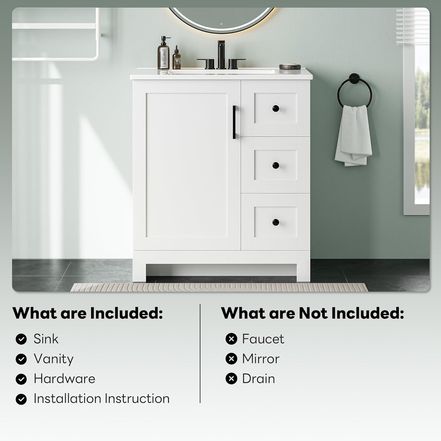 LIKIMIO 30" Bathroom Vanity with Sink, Freestanding Bathroom Vanity with 1 Soft-Close Door & 2 Drawers, Integrated Rectangular Ceramic Sink, Modern Bathroom Storage Cabinet, Easy Assembly, White