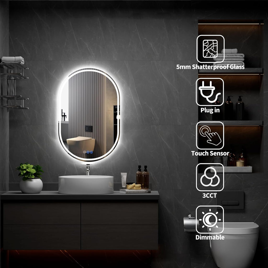 Oval LED Bathroom Mirror, 24"x 40" Frameless LED Mirror with Front Light and Backlit, Anti-Fog, Dimmable Modern Wall Mounted Lighted Mirror, Pill-Shaped Smart Mirror Bathroom