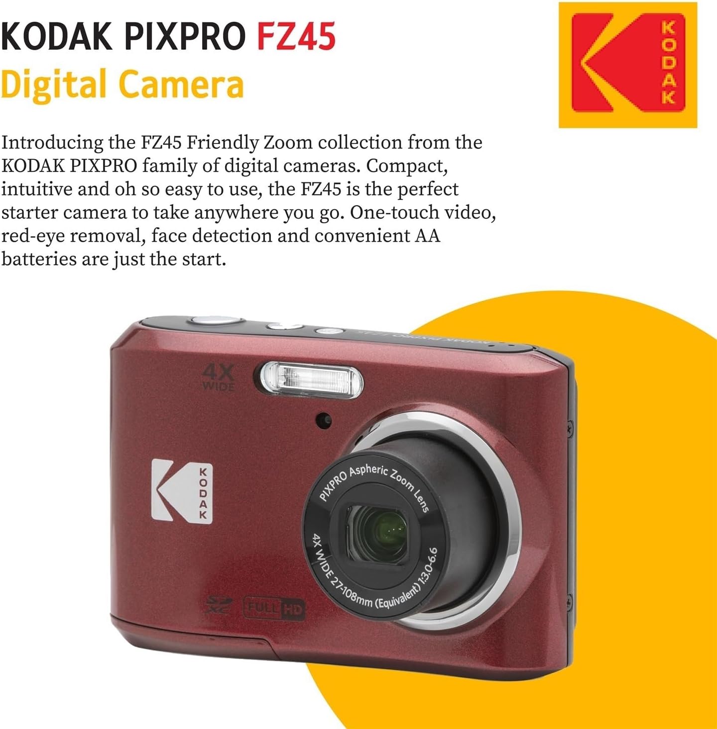 Kodak PIXPRO FZ45 Digital Camera + 32GB Memory Card + Point and Shoot Camera Case + Extendable Monopod + Lens Cleaning Pen + LCD Screen Protectors + Table Top Tripod Ultimate Bundle (Red)