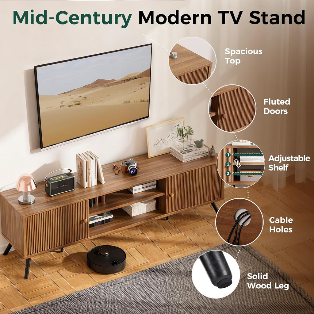COMHOMA TV Stand for Living Room, Mid Century Modern Entertainment Center for 55/60/65 Inch TVs, Retro Brown TV Console with Fluted Door Cabinets and Open Adjustable Shelve Storage for Bedroom