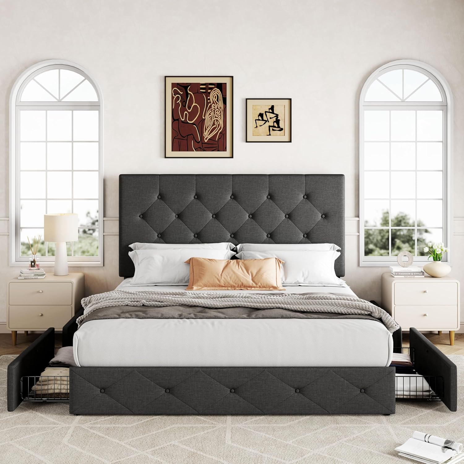 Allewie Upholstered Queen Size Platform Bed Frame with 4 Storage Drawers and Headboard, Diamond Stitched Button Tufted, Mattress Foundation with Wooden Slats Support, No Box Spring Needed, Dark Grey
