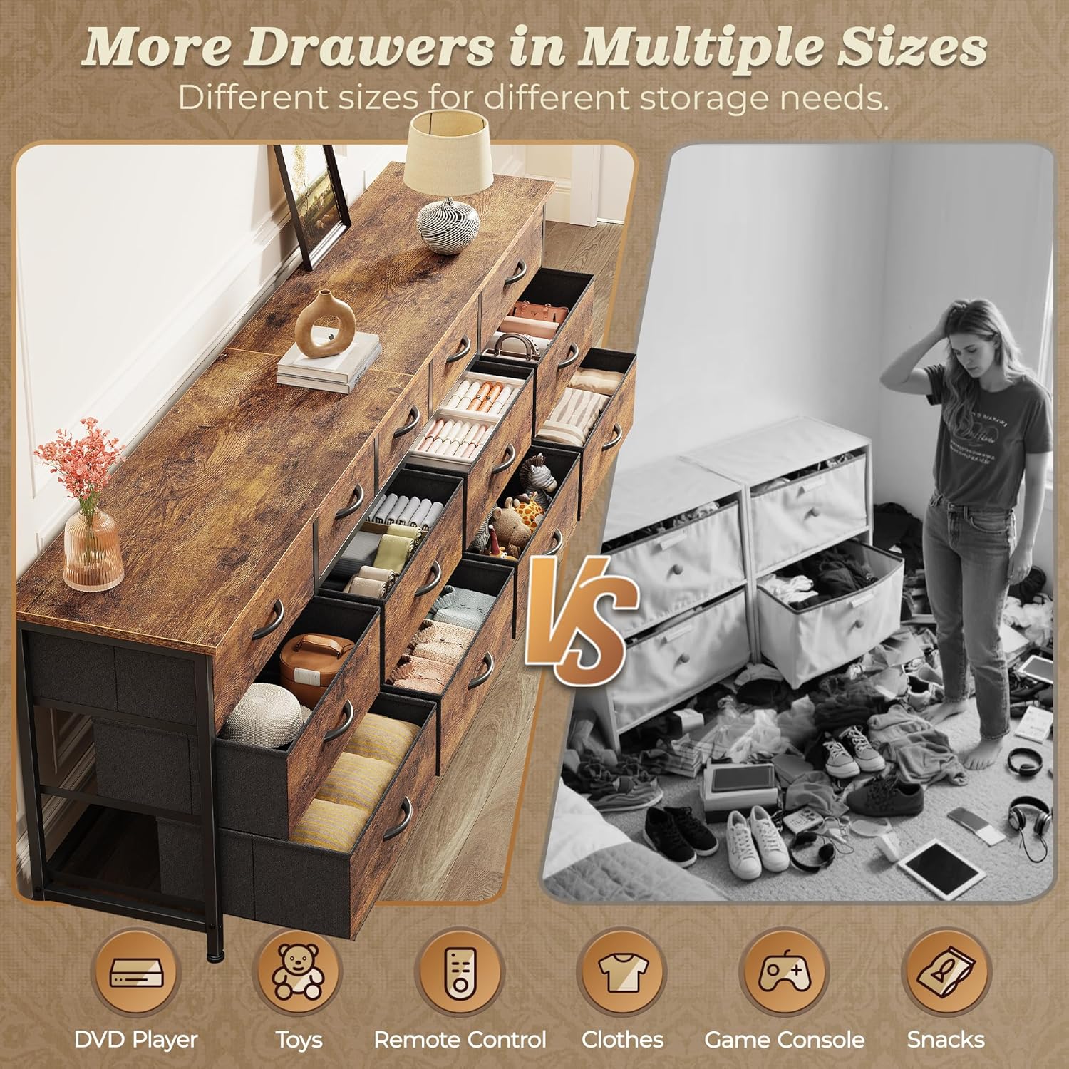 Huuger 70 Inch Dresser for Bedroom, TV Stand for 65, 75, 80 Inch TV, 13 Fabric Drawer Long Dresser, Large Entertainment Center for Bedroom, Wide Chest of Drawer with Storage, Rustic Brown