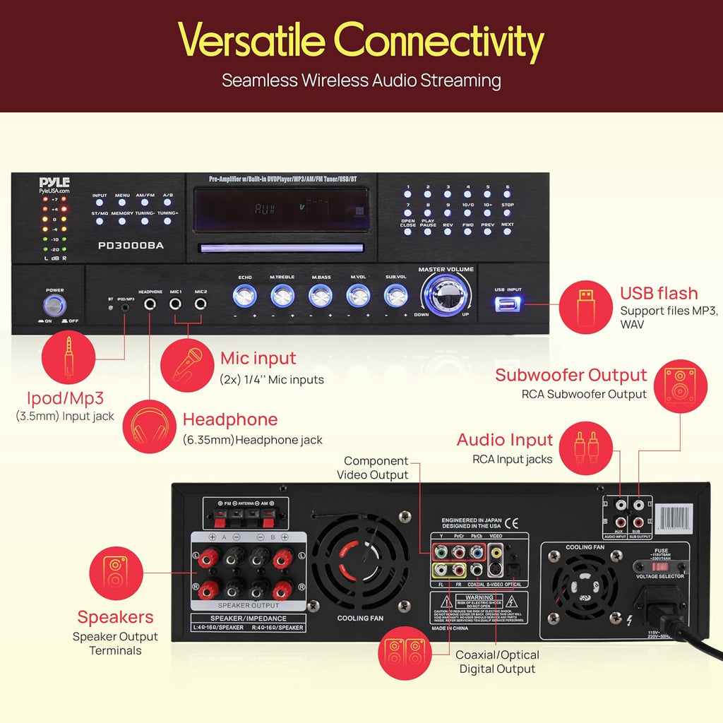 Pyle 4 Channel Bluetooth Home Amplifier - Front Loading DVD/CD Player - 3000W Peak Stereo Receiver - 2 Mic Inputs w/ Echo, FM Radio,Optical In,USB,RCA,Composite, LED Level Meter, Rack Mount - PD3000BA