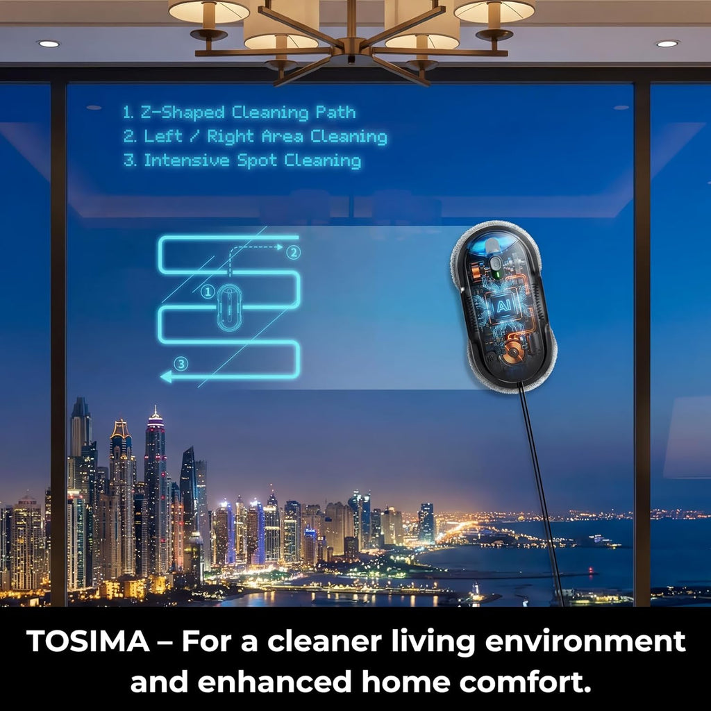 Tosima X1 Window Cleaning Robot, Dual Direction Auto-Spray Smart Window Cleaner with Triple Safety System, Smart Navigation, Remote Control, for All Smooth Surfaces, with 8 Rags, Black