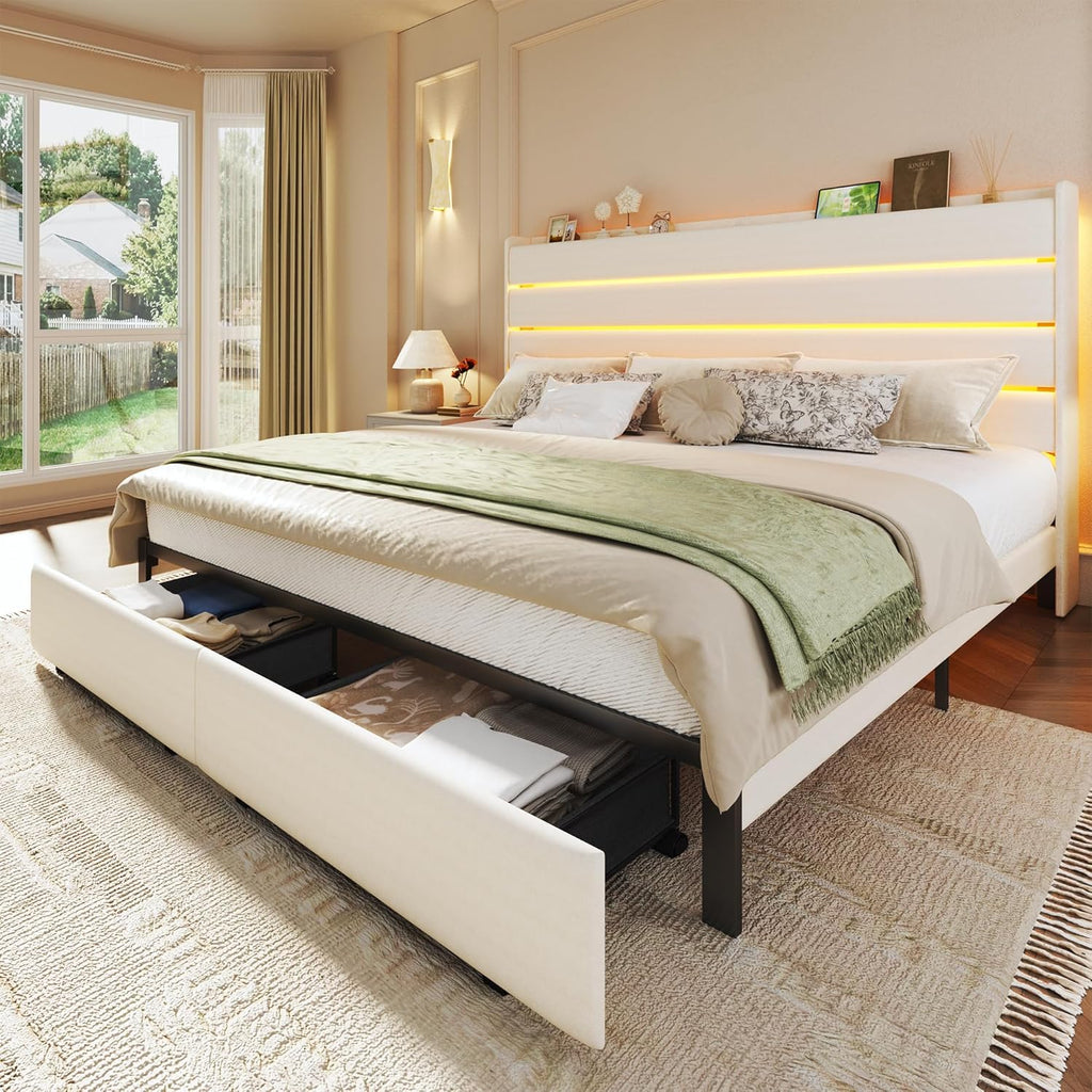 Queen Bed Frame with 2 Storage Drawers, Velvet Upholstered Bed Frame Queen Size Upholstered Headboard with LED Light & Charging Station, Platform Bedframe with Metal Slats, No Box Spring Needed, White