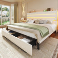 Queen Bed Frame with 2 Storage Drawers, Velvet Upholstered Bed Frame Queen Size Upholstered Headboard with LED Light & Charging Station, Platform Bedframe with Metal Slats, No Box Spring Needed, White
