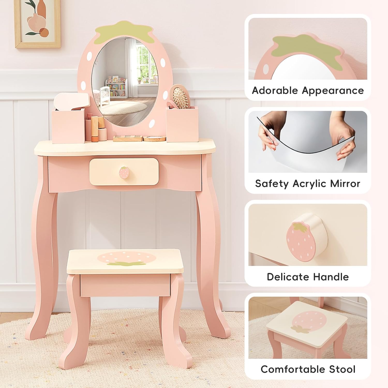 OOOK Toddler Vanity for 3 Year Old, Kids Vanity with Pretend Makeup Accessories, Makeup Table for Kids with Drawer, Pink