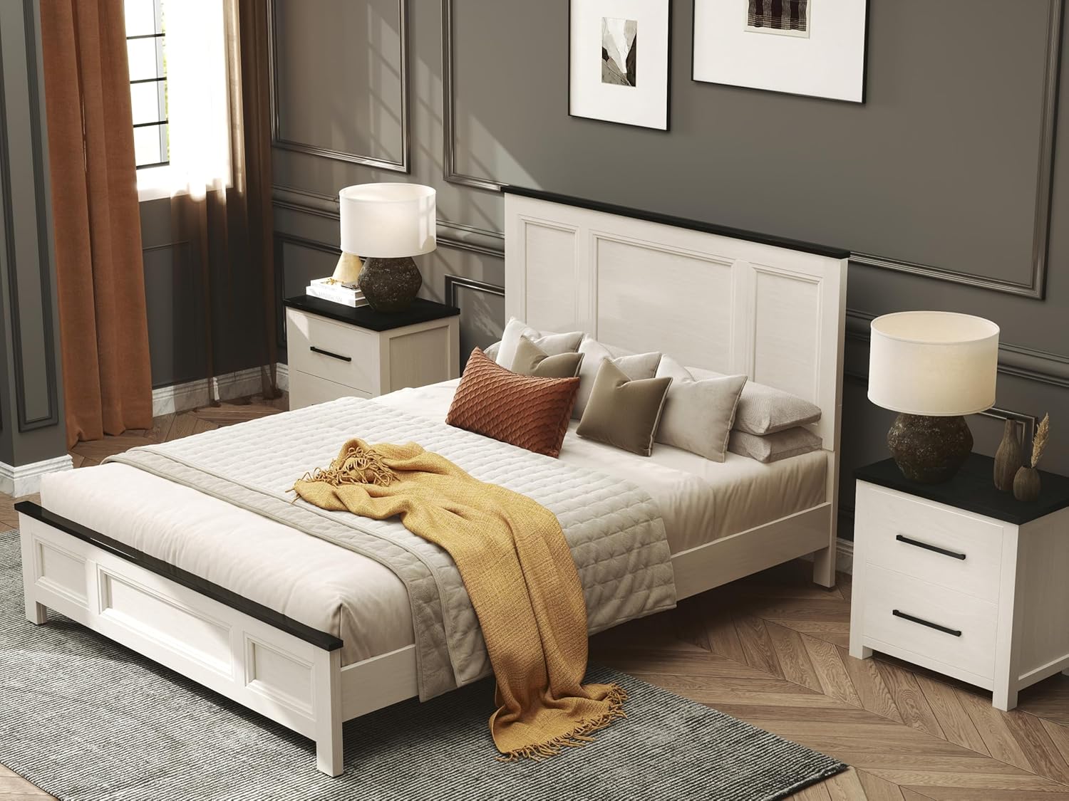 Roundhill Furniture Realynn 3-Piece Wood Bedroom Set, Queen Size Panel Bed with 2 Nightstands, Off-White Finish