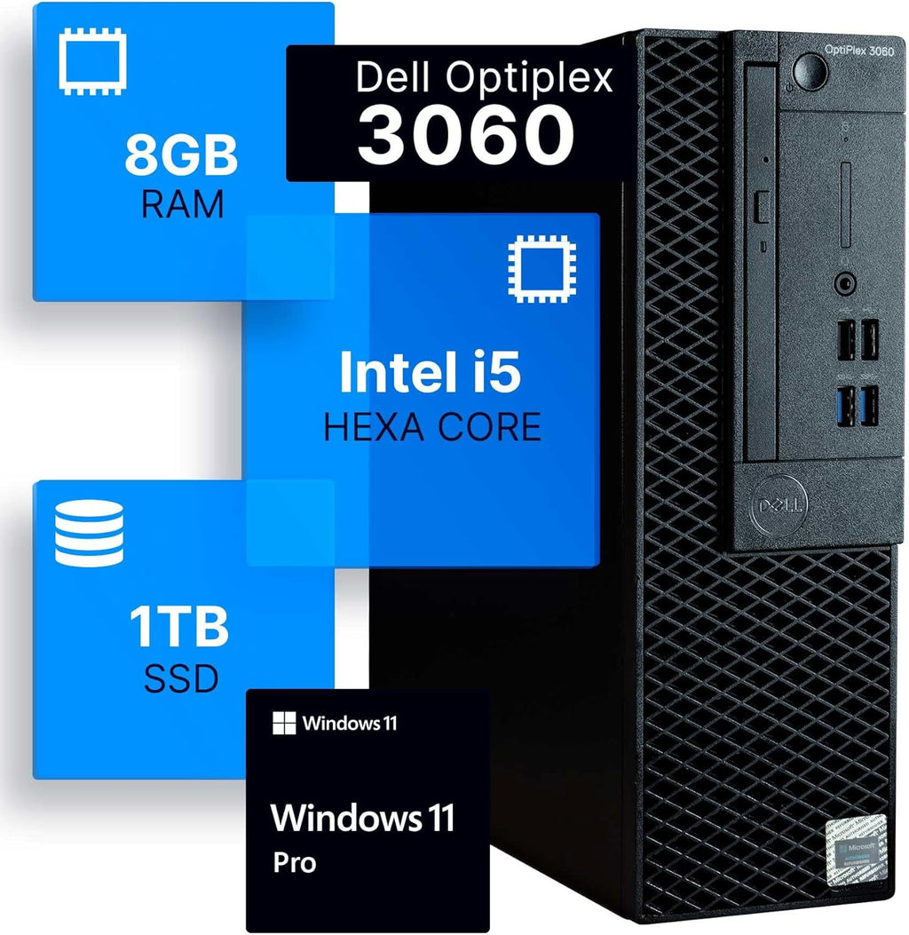Dell Optiplex 3060 Desktop Computer | Intel i5-8500 (3.2) | 8GB DDR4 RAM | 1TB SSD Solid State | Windows 11 Professional | Home or Office PC (Renewed)