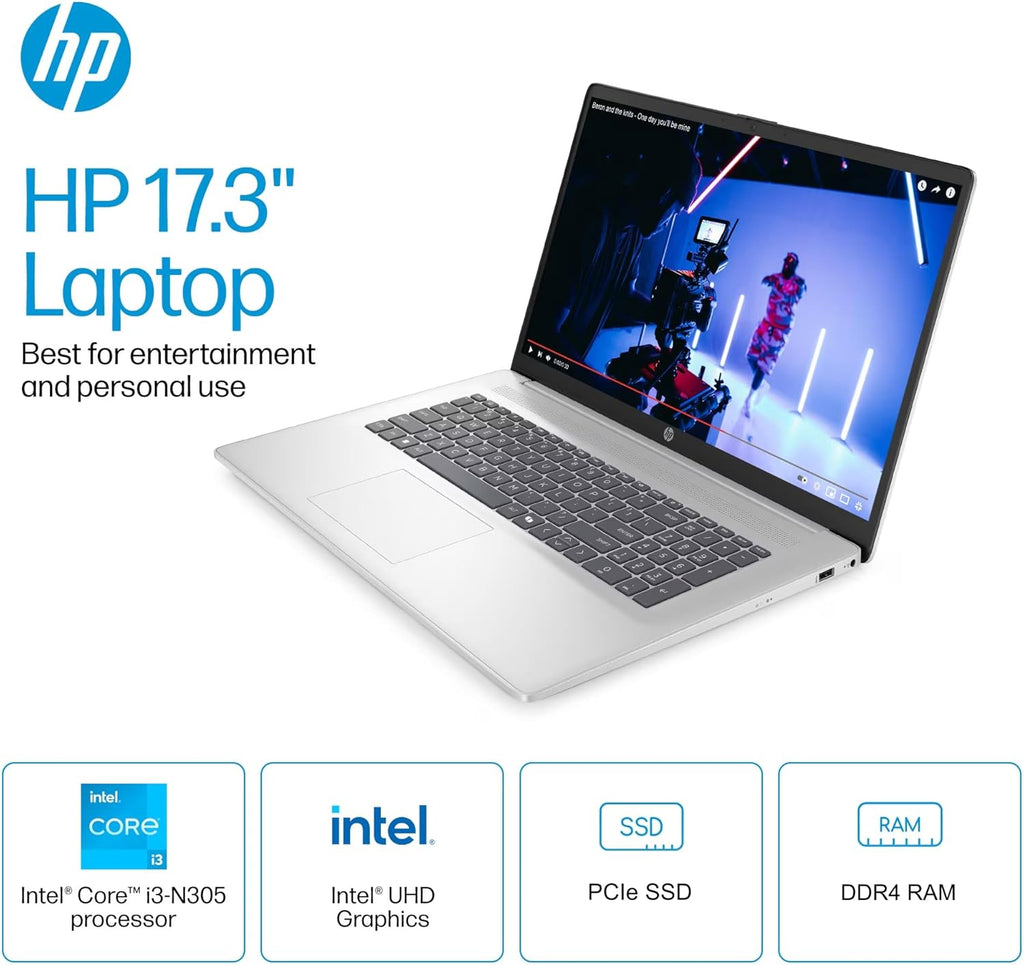 HP 17.3" Laptop Computer, Intel 13th 8-Cores i3-N305 Processor, 32GB RAM, 1TB PCI-E SSD, Windows 11 Pro, Free Lifetime MS Office • Copilot AI, 10-Key Number Pad, External DVD Drive, Natural Silver