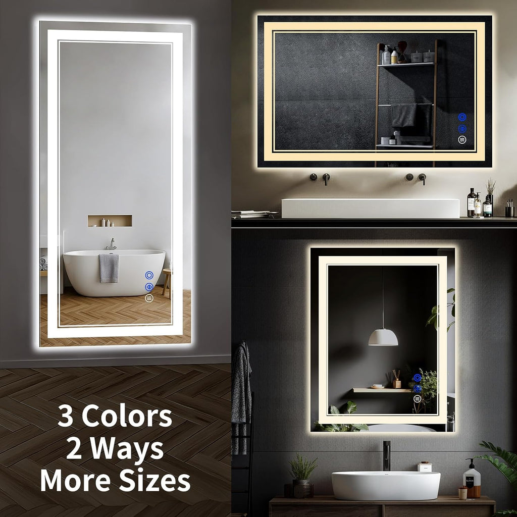 42"x24" LED Bathroom Mirror with Anti-Fog, Stepless Dimmable Lights, 3 Color Modes, Shatter-Proof Tempered Glass,Waterproof Design
