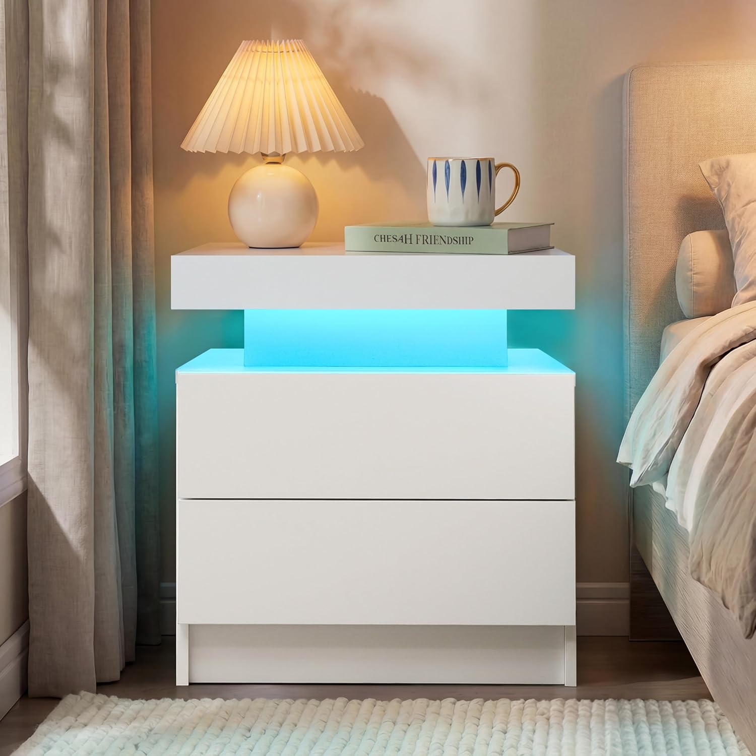 i-aplus Night Stand Set 2,LED Nightstands Set of 2,Bedside Table with Wood Drawers,Modern End Side Table for Bedroom,White