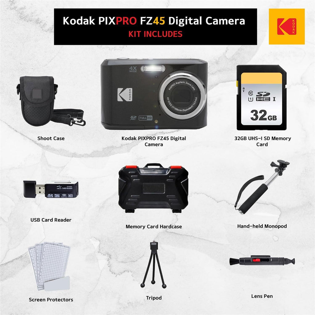 Kodak PIXPRO FZ45 Digital Camera, 32GB Memory Card, Point and Shoot Camera Case, Extendable Monopod, Lens Cleaning Pen, LCD Screen Protectors, Table Top Tripod â€“ Ultimate Bundle (Black)