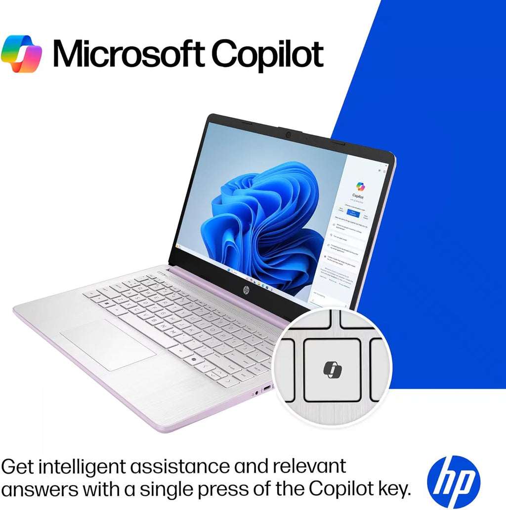 HP 14” Ultra Light Thin Laptop Computer 2026 Premium, MS Office, Copilot AI, 4-Core Intel CPU, 4GB DDR5 RAM, 628GB Storage (128GB UFS+500GB Ext), Long Battery, MarxsolAccessory, Win 11 Pro, Lavender