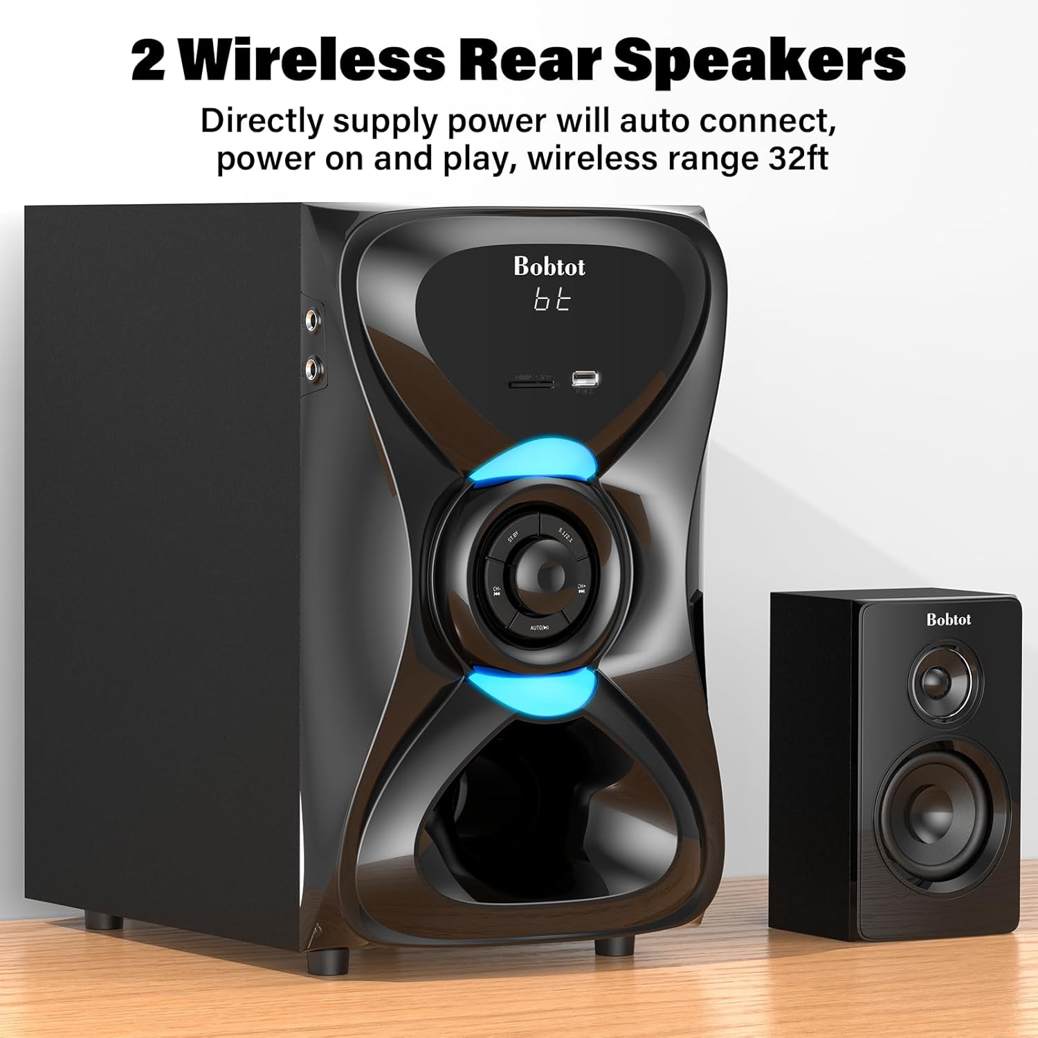 Bobtot Surround Sound Systems Wireless Rear Satellite Speakers - 1000W Peak Deep Bass 8 inch Subwoofer 5.1/2.1 Channel Home Theater System with ARC Optical Bluetooth Karaoke Input