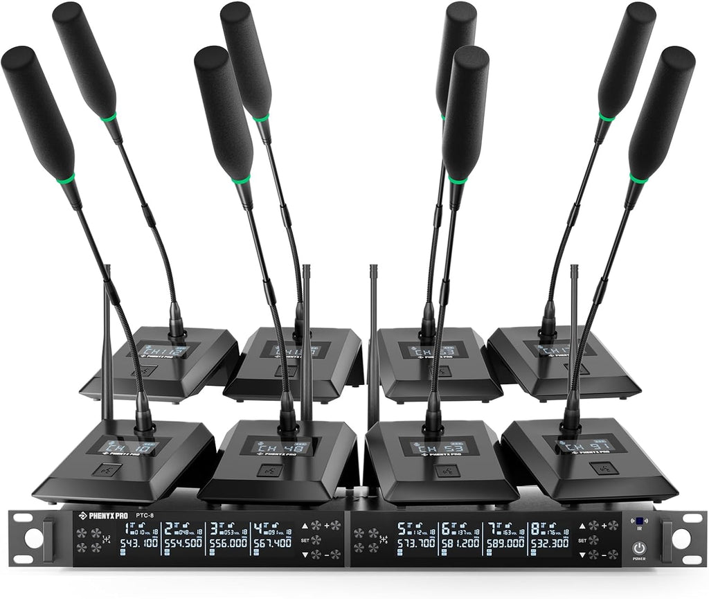 Phenyx Pro 8-Channel Wireless Conference Microphone System, Wireless Podium Microphone with 8x25 UHF Frequencies, Auto Scan, 8 Gooseneck Mics for Lecture, Church, Conference, Public Speaking (PTC-8)