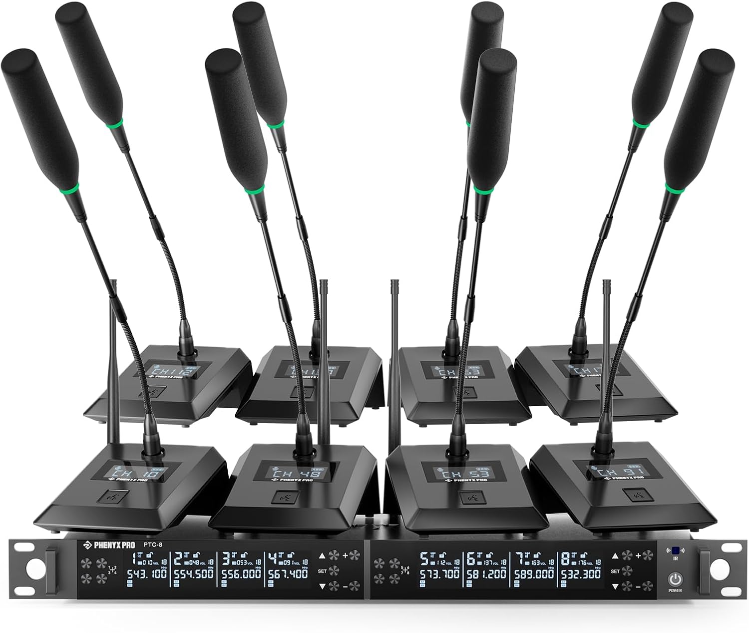 Phenyx Pro 8-Channel Wireless Conference Microphone System, Wireless Podium Microphone with 8x25 UHF Frequencies, Auto Scan, 8 Gooseneck Mics for Lecture, Church, Conference, Public Speaking (PTC-8)