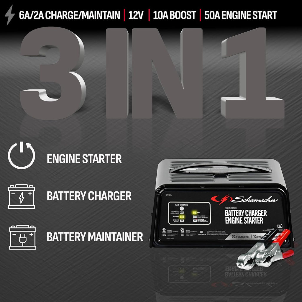 Schumacher Electric 6A Car Battery Charger and 50A Engine Starter, 3-in-1 Solution, Maintainer, 10A Boost, for 12V Power Sport, Automotive, and Marine Batteries, SC1305