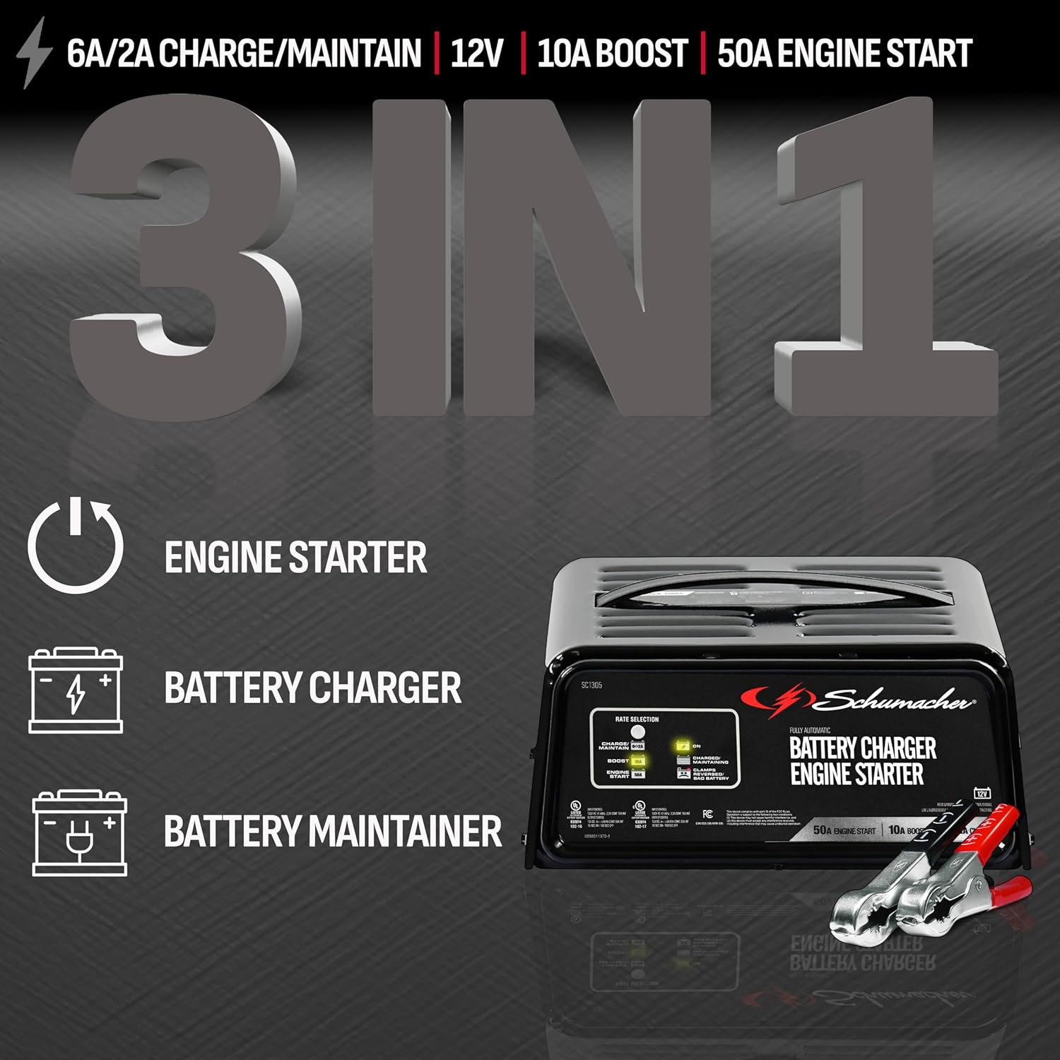 Schumacher Electric 6A Car Battery Charger and 50A Engine Starter, 3-in-1 Solution, Maintainer, 10A Boost, for 12V Power Sport, Automotive, and Marine Batteries, SC1305