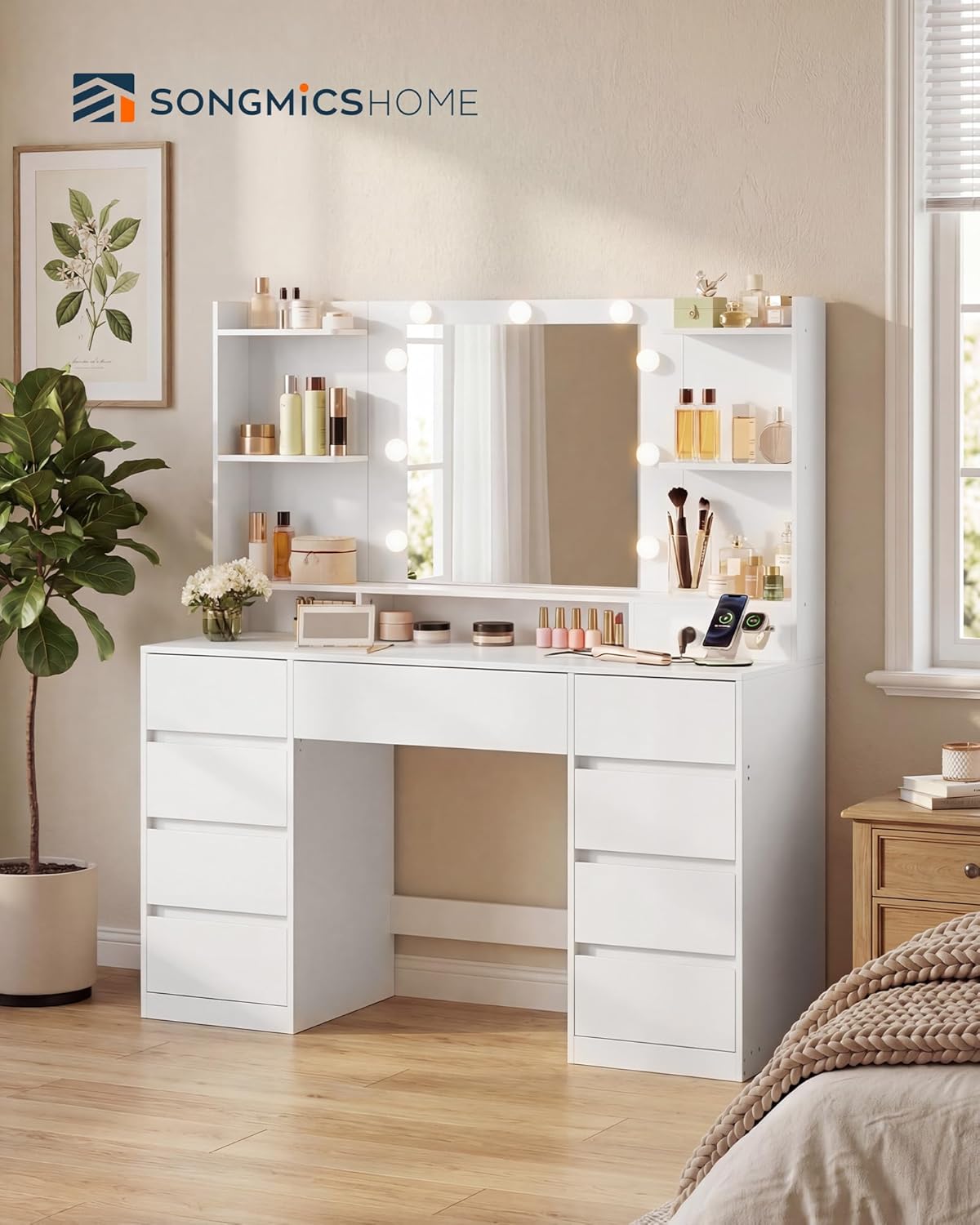 SONGMICS HOME Vanity Desk with Mirror and Lights, Makeup Vanity Table with Power Outlets, 9 Drawers Storage Dressing Table for Bedroom, White