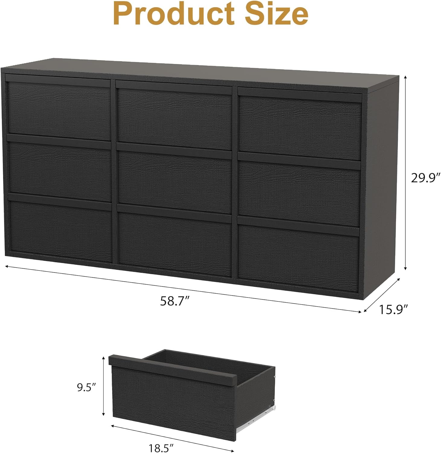 Garvee 9 Dresser for Bedroom, 58.7" Wide Dresser, Freestanding Horizontal Drawer with Storage, Wooden Closet Chest Storage for Living Room, Hallway, Entryway