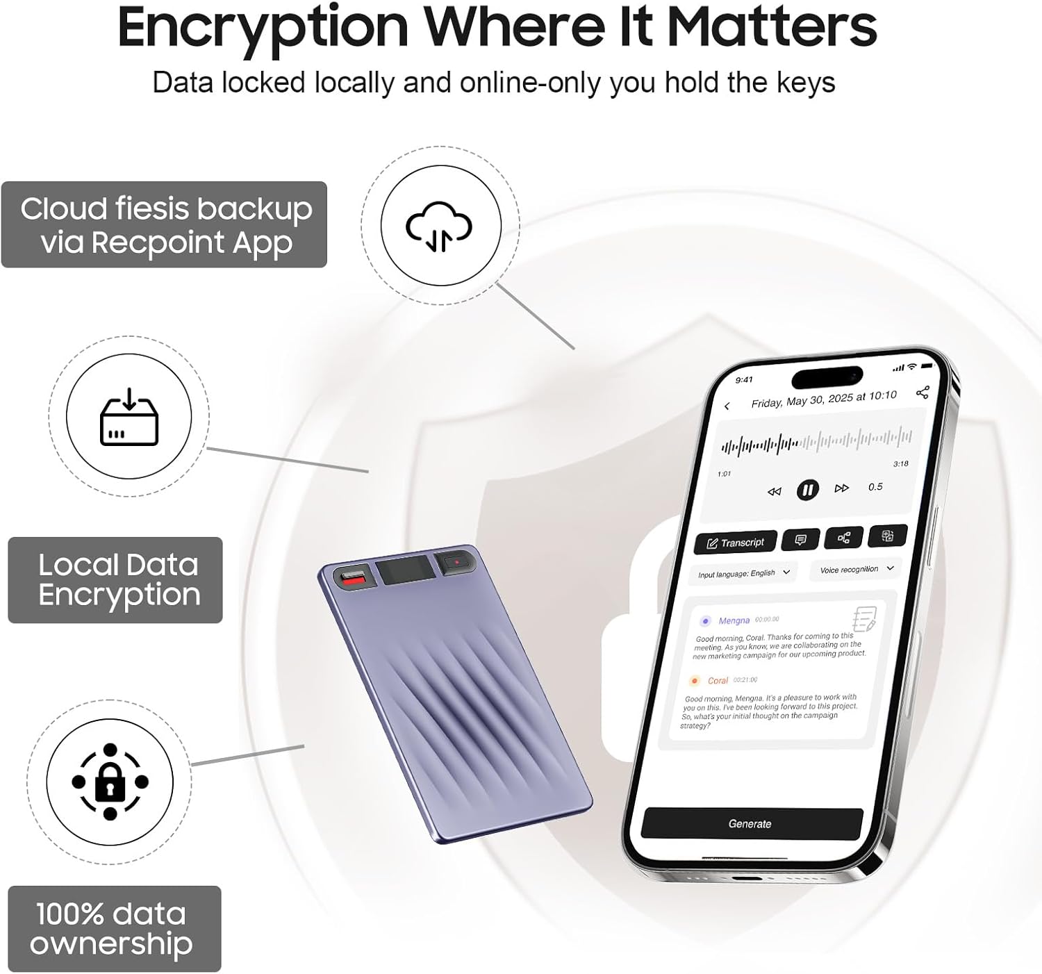 AI Voice Recorder, AI Note Taker w/APP Control and Transcription & Summarize, 150 Languages, Noise Cancellation, 64GB Memory, Pocket Note Pro Taking Device for Meeting, Interviews & Calls
