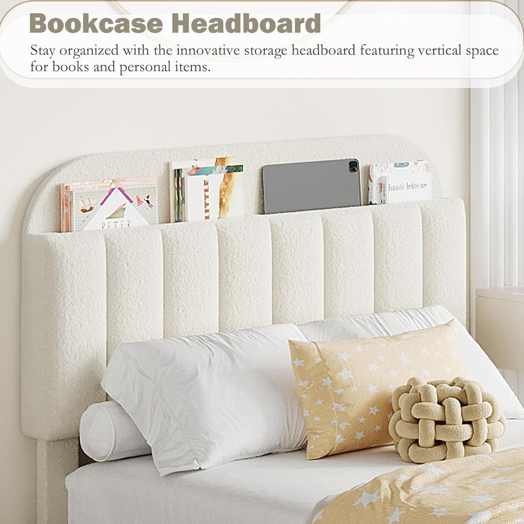 Garvee Full Size Bed Frame with 2 Flexible Drawers, Boucle Upholstered Platform Bed Frame with Bookcase Headboard, Bedframe for Kids/Girls, Easy Assembly, No Box Spring Needed, Noise Free, Beige