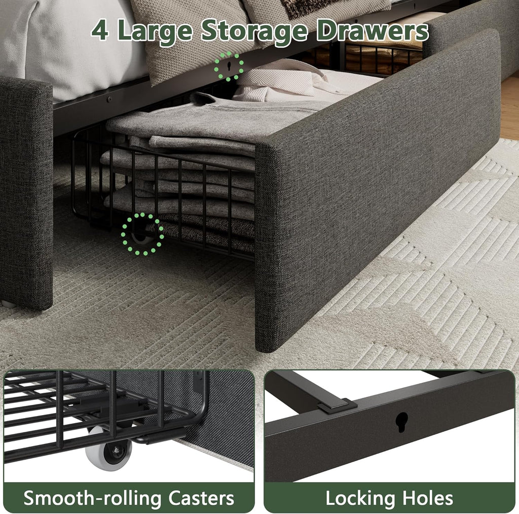 Forestell Queen Bed Frame with 4 Drawers and Storage Headboard, Grey Upholstered Platform Bed Frame Queen Size with Charging Station and LED Lights, Metal Slats Support, No Box Spring Needed