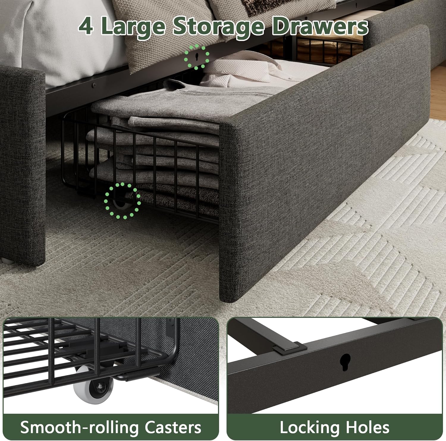 Forestell Queen Bed Frame with 4 Drawers and Storage Headboard, Grey Upholstered Platform Bed Frame Queen Size with Charging Station and LED Lights, Metal Slats Support, No Box Spring Needed