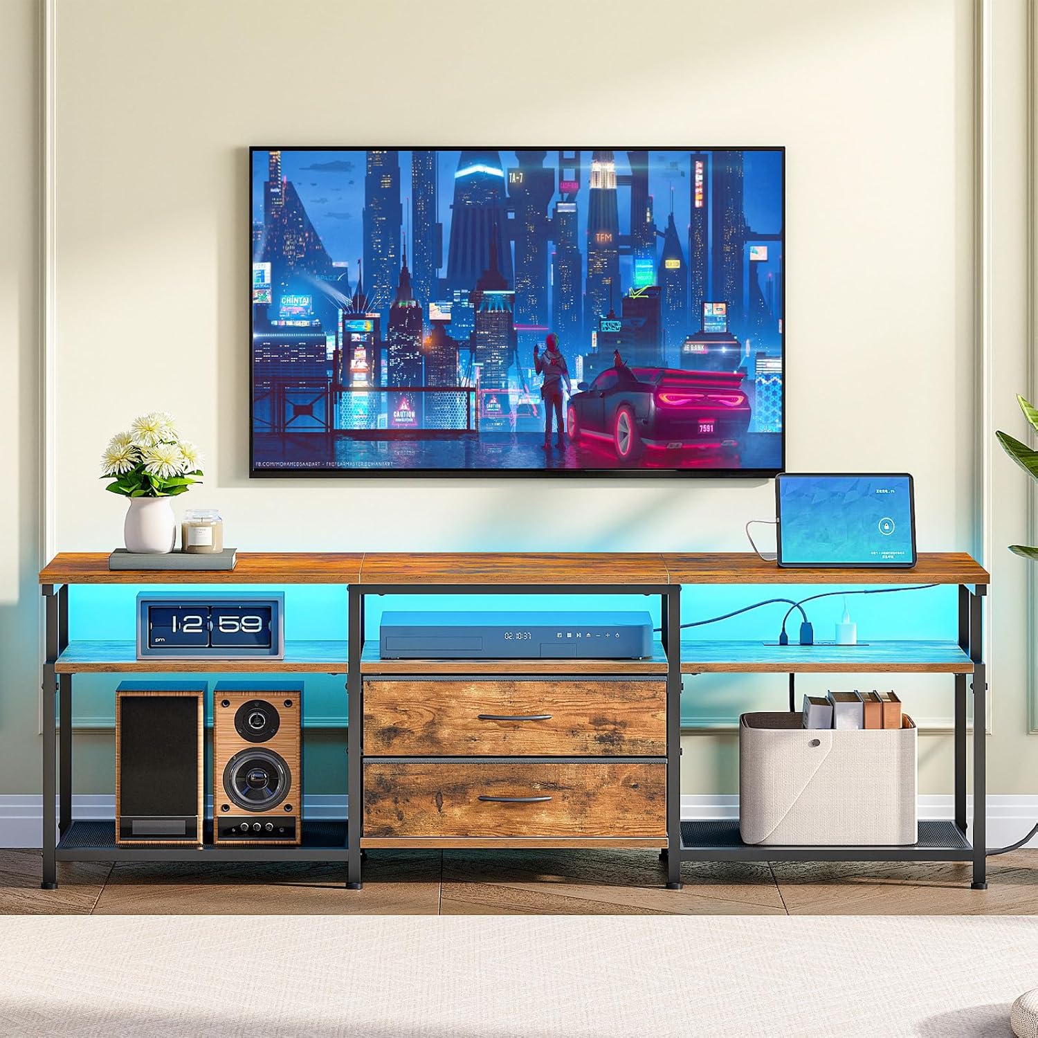 HOOBRO TV Stand with Power Outlet and LED Light, Entertainment Center for TVs Up to 75 Inch, Modern Media Console Table with 2 Non-Woven Drawers, for Living Room, Bedroom, Rustic Brown BF55UDDS01