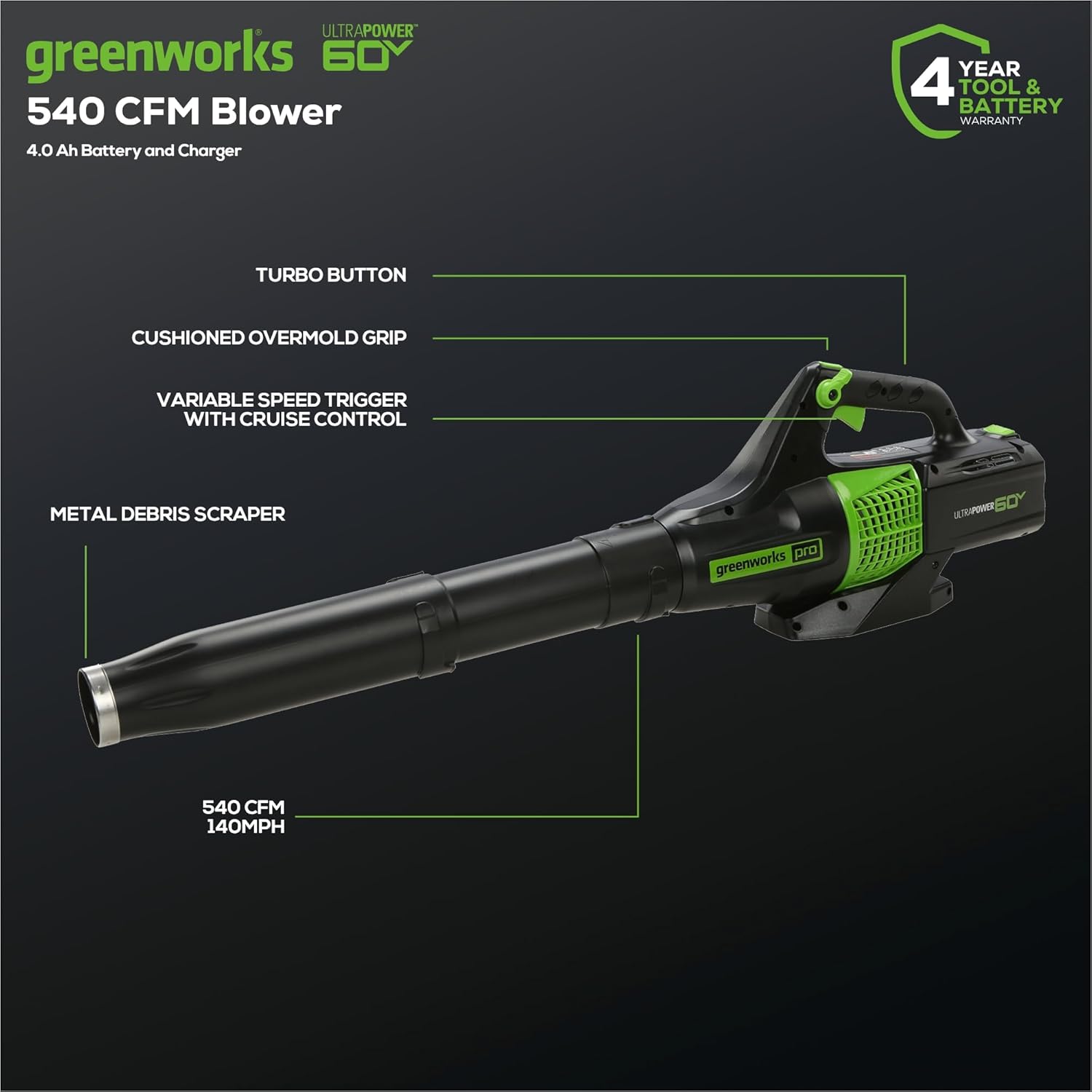 Greenworks 60V Cordless Yard Tool Combo Kit with 4.0Ah Battery & Charger – 13" Dual-Line String Trimmer and 540 CFM Leaf Blower