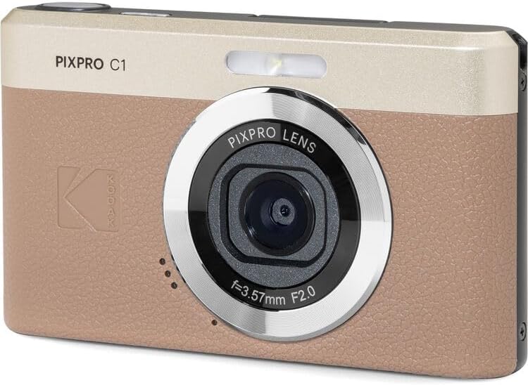 Kodak PIXPRO C1 Compact Digital Camera (Brown), 13MP Point and Shoot Camera for Selfies, Travel, Vlogging and Everyday Photos (C1-BN) + 32GB Card + Camera Bag + Cleaning Kit (7pc Bundle)
