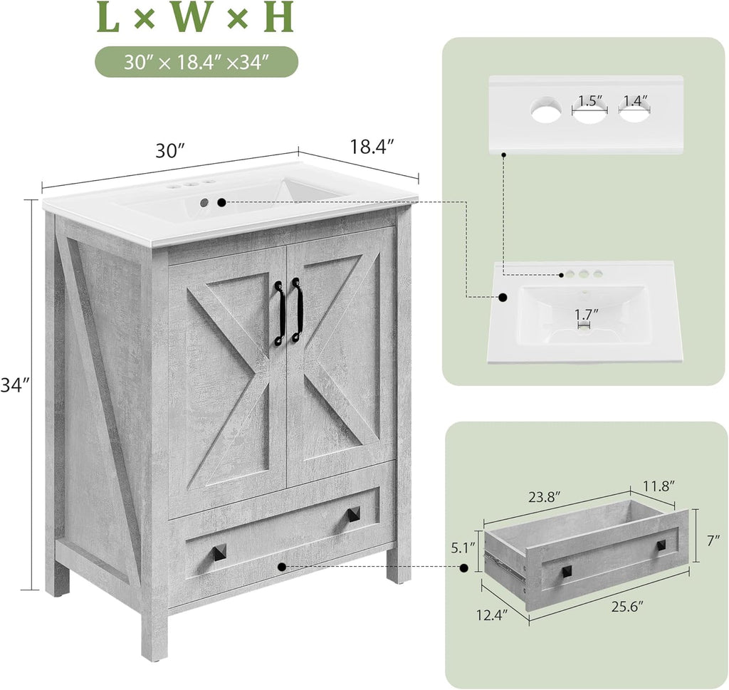 GarveeHome 30 inch Vanity with Ceramic Sink, Modern Bathroom Vanity with 2 Doors and 1 Storage Drawer, Freestanding Bathroom Cabinet with Contemporary Design for Your Bathrooms, Grey