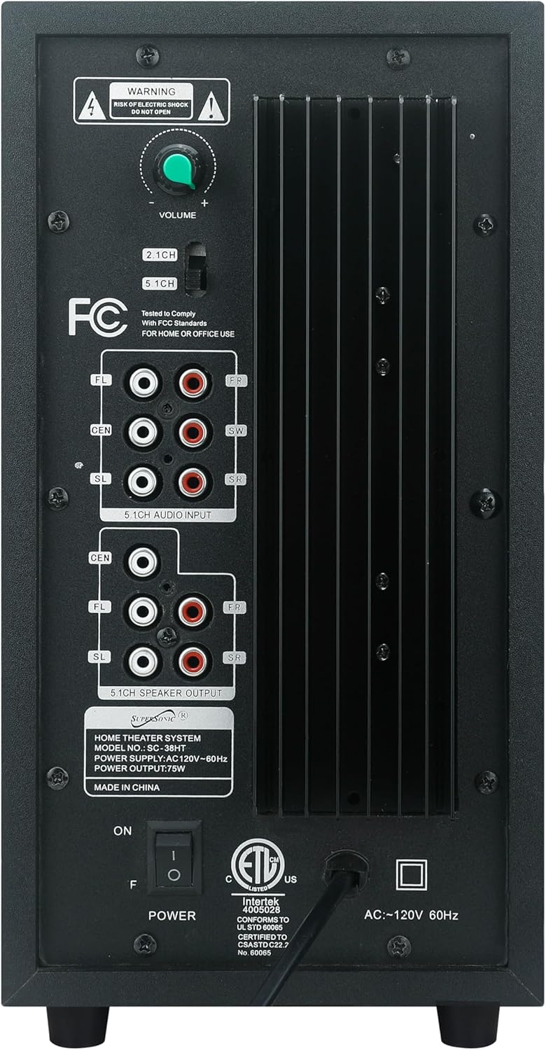 Supersonic SC-38HT 5.1 Surround Channel DVD Home Theater System with DVD/CD Support, Karaoke Mic Jacks, USB Input, FM Radio, 75W Speaker Output, Multi-Language Support, and Remote Control!