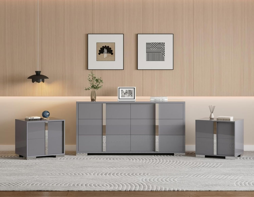 AMERLIFE 3 Piece Bedroom Set, Two 23.6" Nightstands & 6-Drawer Dresser, Silent Glide Drawers & Metal Handles, Modern High Gloss UV Finish, Dresser Set for Bedroom, Grey