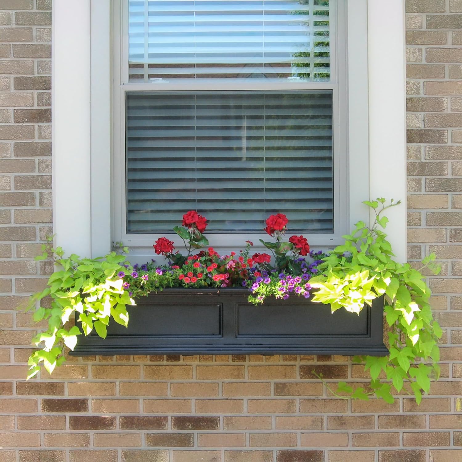 Mayne Fairfield 4ft Window Box, Self Watering Flower Box with Double Wall Design, All Season Fade Resistant Outdoor Window Planter With Steel Mounting Bracket, Black