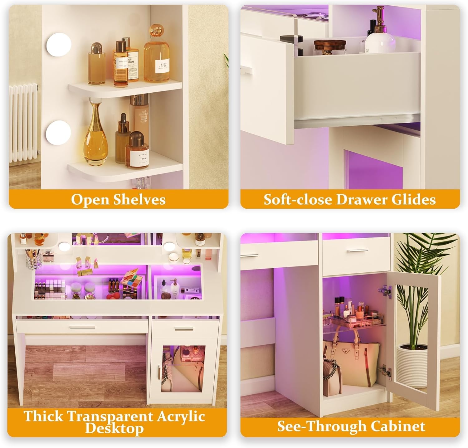 HUAHUU Vanity Desk with Mirror and Lights, Makeup Vanity Desk with Lights 3 Colors, Transparent Top Vanity with 2 RGB Drawers, 6 Shelves, Large Tempered Cabinet, Power Outlet, for Bedroom, White