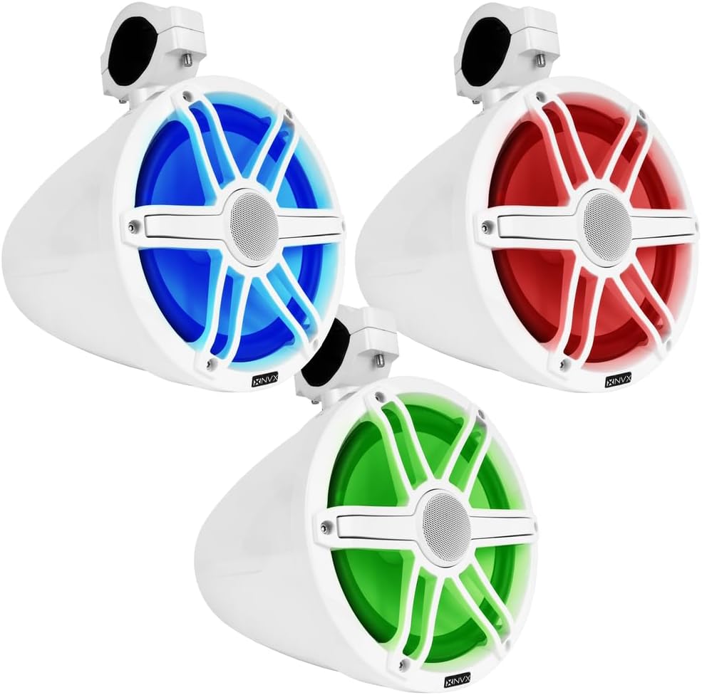 NVX MVTSP8W (Pair) - 750W Peak (250W RMS) 8" V-Series 2-Way Marine Tower Speakers with LED Lighting & 359° Swiveling Clamps - Sport White