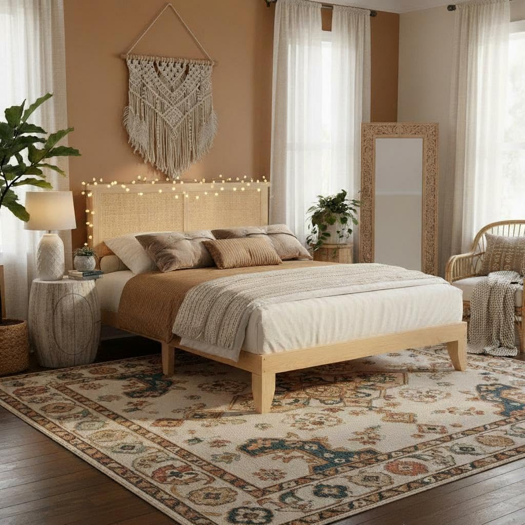 Garvee Full Size Rattan Bed Frame, Bohemian Rattan Bed Frame Full with Natural Headboard, LED Lights, No Box Spring Needed